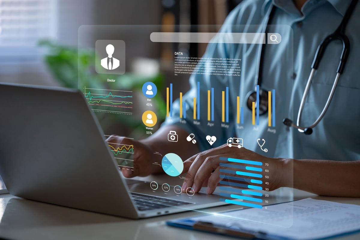 Data analysis concept, Medical professional analyzing patient data and intelligent healthcare monitoring